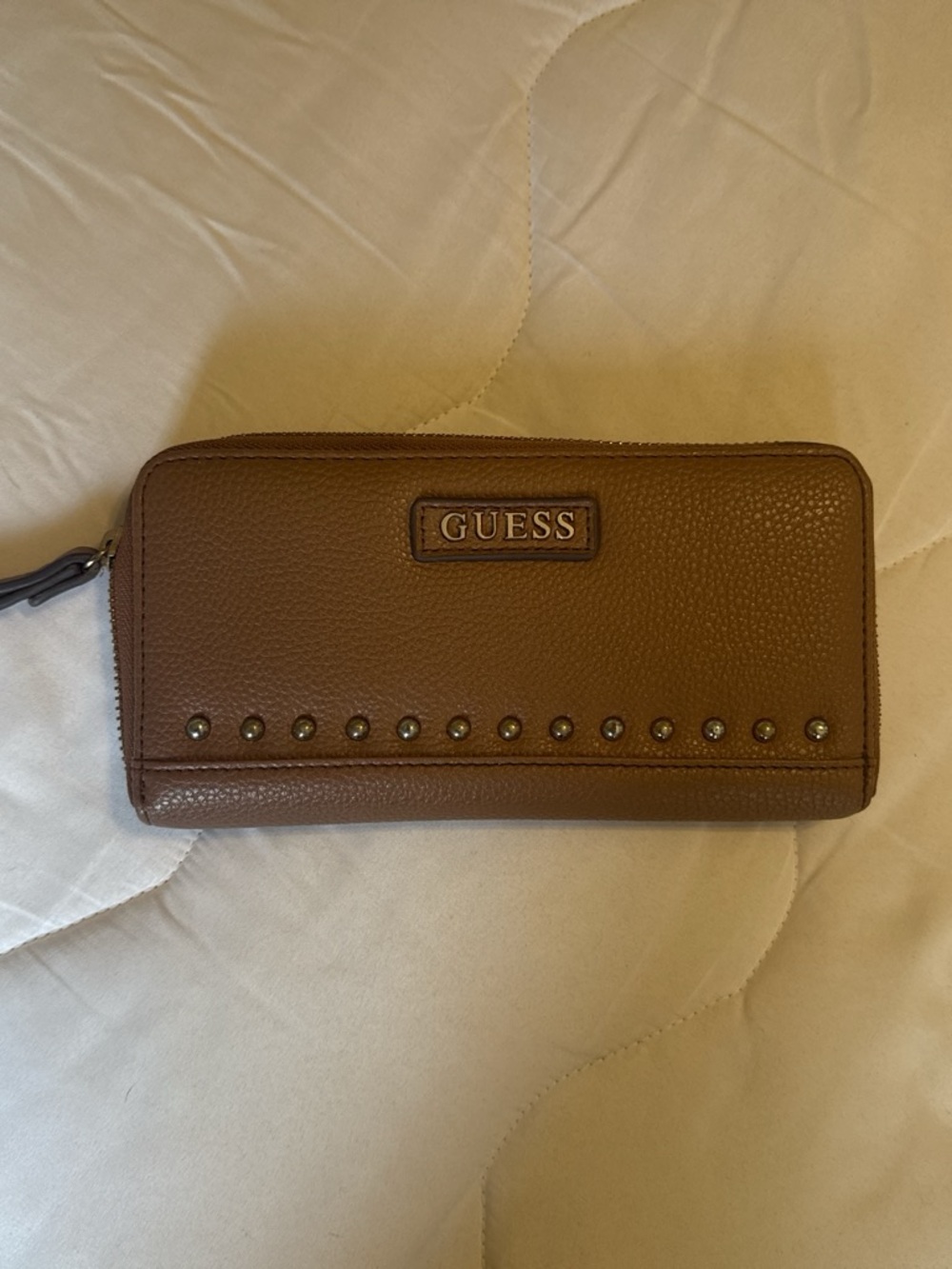 GUESS Tan Pebbled Leather Zip Wallet with Stud Accent